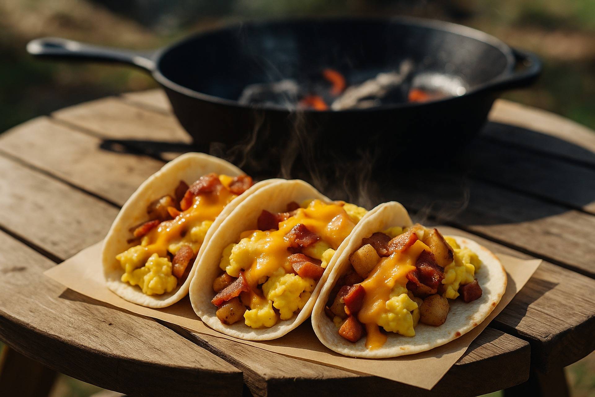 Two breakfast tacos filled with crispy bacon, browned potatoes, scrambled eggs, and melted cheese on a rustic plate.