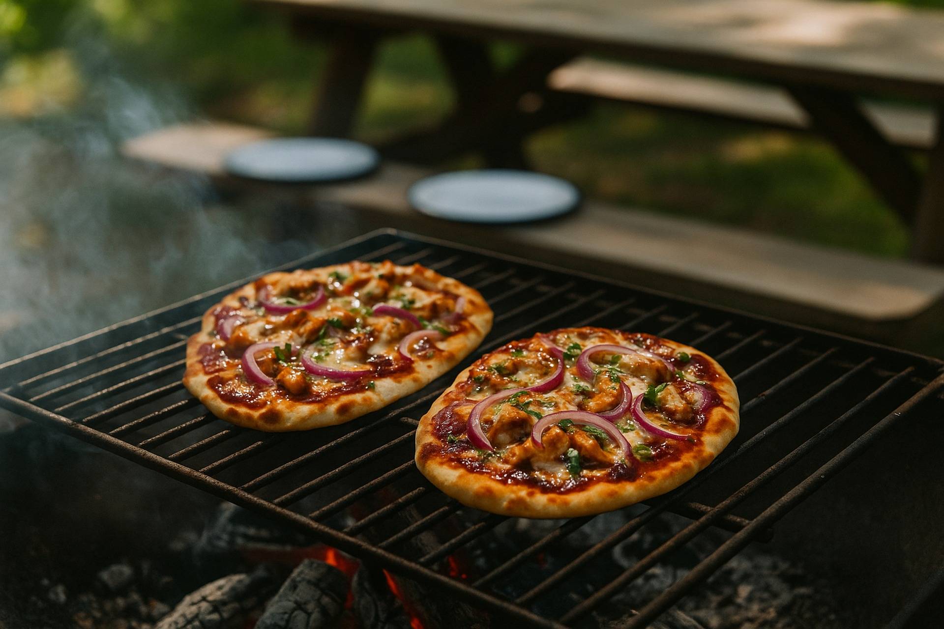 Grilled flatbreads topped with BBQ chicken, melted cheese, and fresh herbs over a campfire.