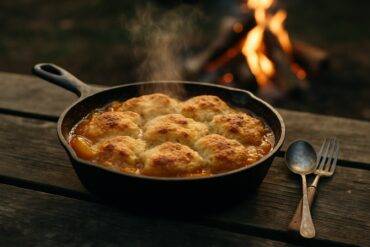 Golden-bubbly peach cobbler baking in a seasoned cast iron skillet over a campfire.
