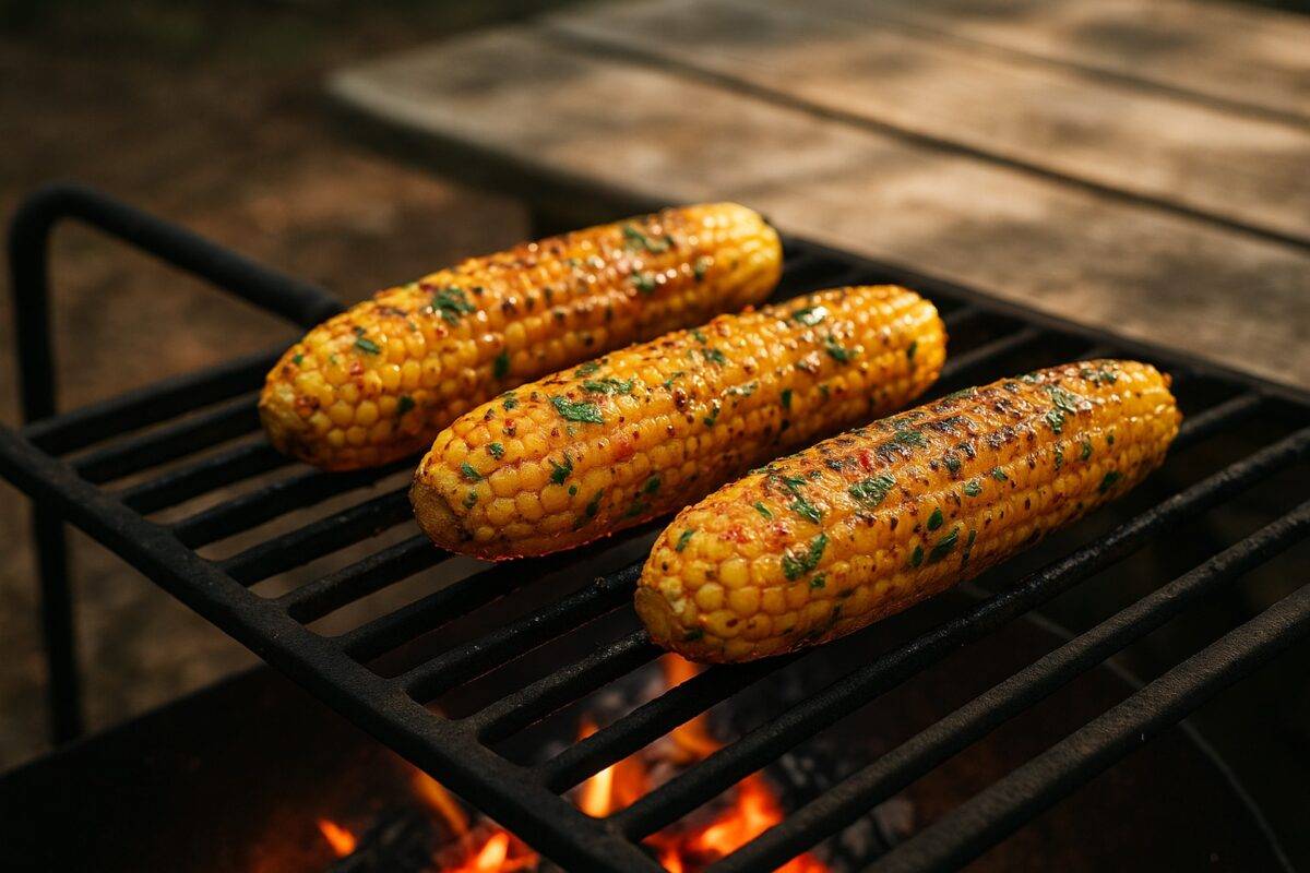 Ears of corn charred over a campfire, coated with melted chili-lime butter.