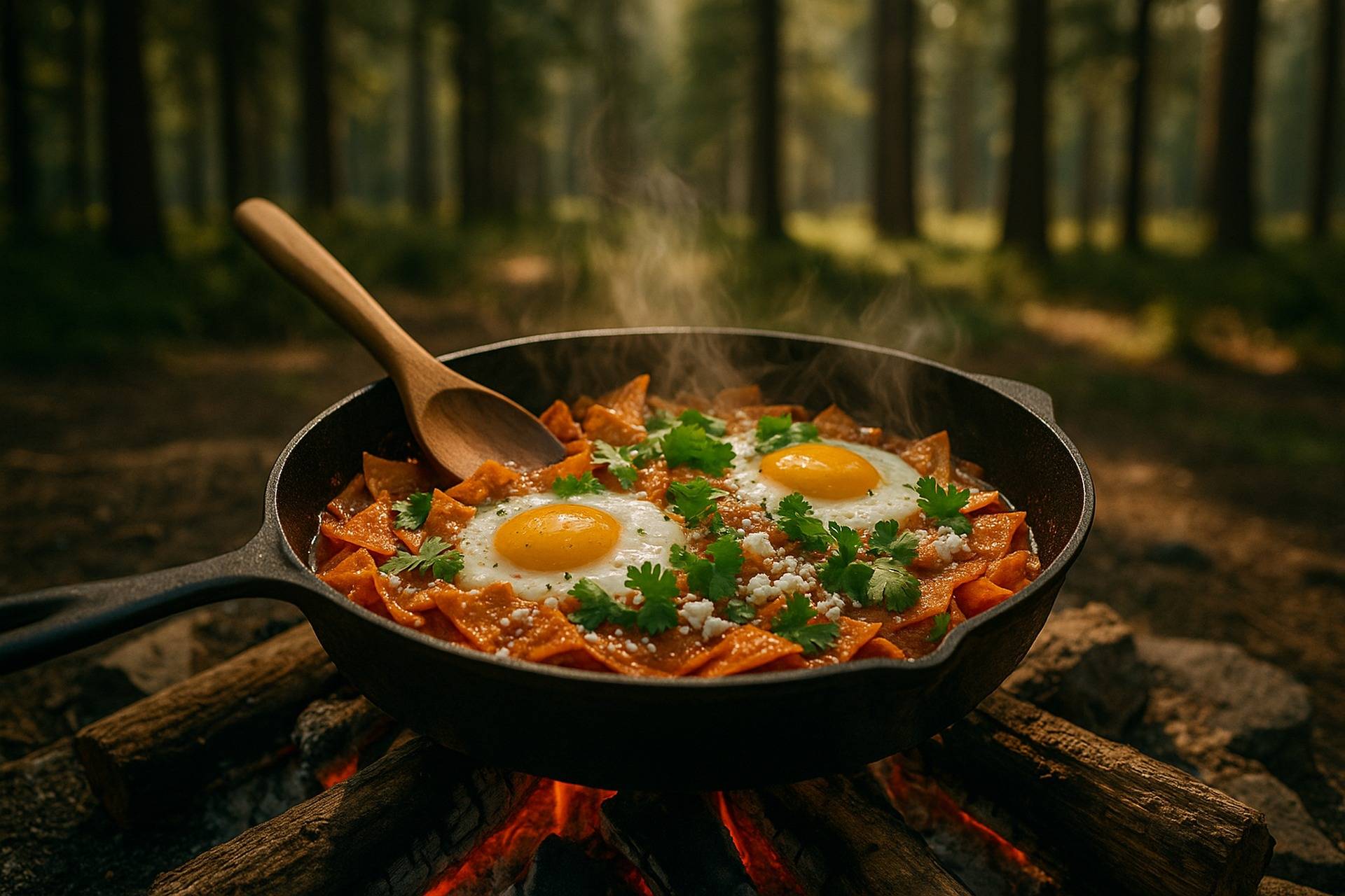 Chilaquiles with salsa verde and fried eggs served in a cast iron skillet over a campfire.