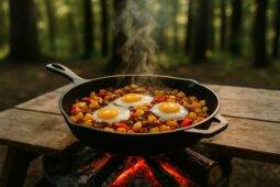 Hearty breakfast hash with chorizo, potatoes, peppers, and eggs cooked in a cast-iron skillet over a campfire.