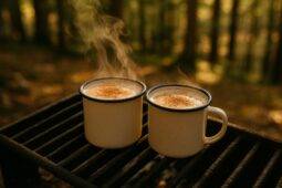 Steaming cinnamon maple latte in a rustic camp mug with a cinnamon stick garnish by a campfire.