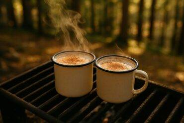 Steaming cinnamon maple latte in a rustic camp mug with a cinnamon stick garnish by a campfire.