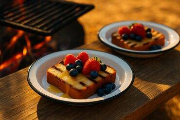 Grilled pound cake slices with citrus glaze, ready to serve from a campfire grill.