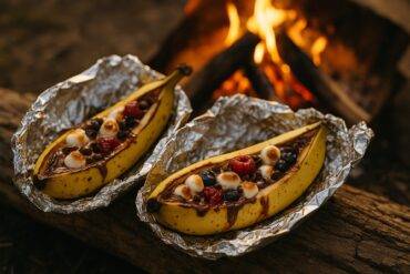 Bananas sliced open and filled with Nutella and berries, ready to grill over a campfire.
