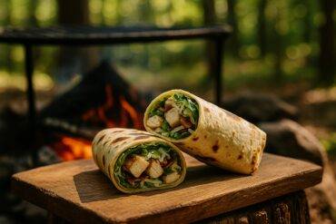 Grilled chicken, Caesar dressing, and lettuce wrapped in tortillas ready for a campfire meal.