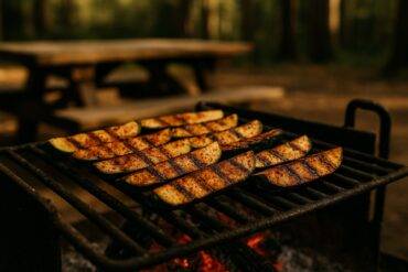 Slices of zucchini grilled over a campfire, seasoned with smoky paprika and spices.