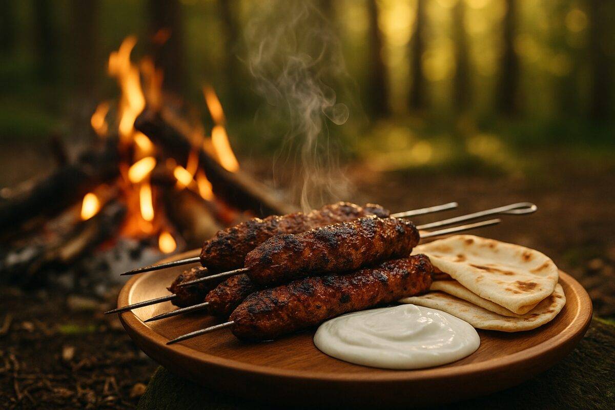 Skewers of marinated lamb and vegetables grilling over an open campfire.