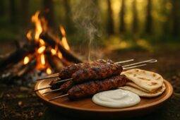 Skewers of marinated lamb and vegetables grilling over an open campfire.