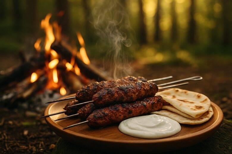 Skewers of marinated lamb and vegetables grilling over an open campfire.