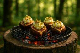 Halved figs filled with ricotta and honey, ready for cooking over a campfire.