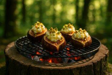 Halved figs filled with ricotta and honey, ready for cooking over a campfire.