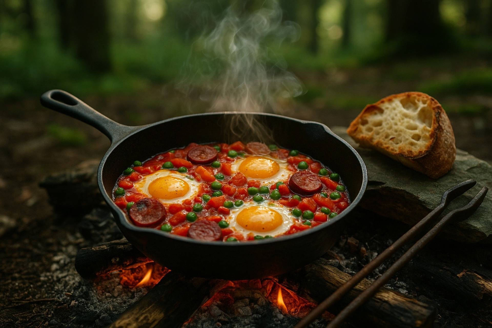 Cast-iron skillet with Spanish baked eggs, tomatoes, and chorizo cooking over a campfire.