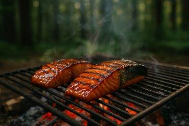 Salmon fillets coated in a glossy maple-balsamic glaze cooking over an open campfire grate.