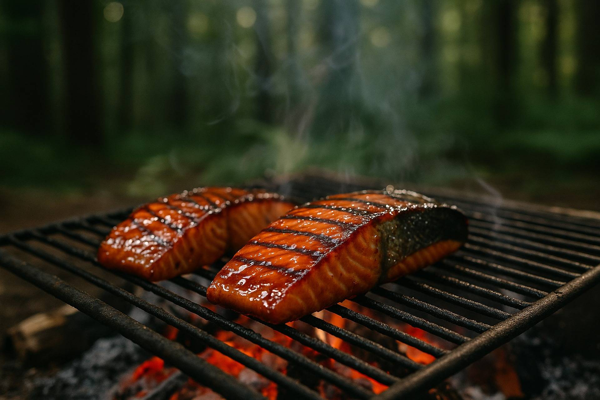 Salmon fillets coated in a glossy maple-balsamic glaze cooking over an open campfire grate.