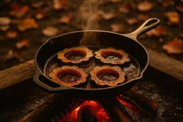 Acorn squash rings roasted with maple glaze on a campfire grill grate.