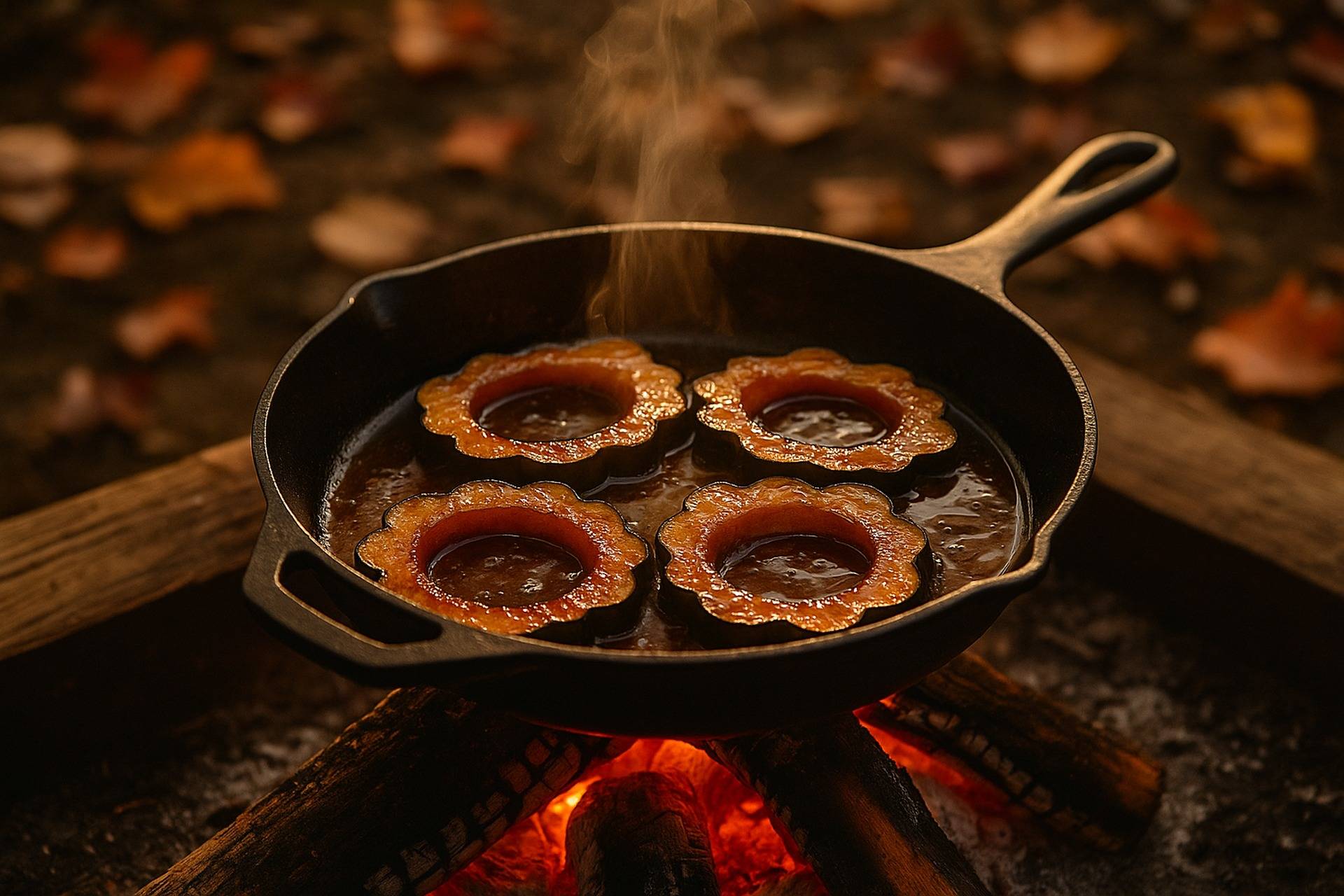 Acorn squash rings roasted with maple glaze on a campfire grill grate.