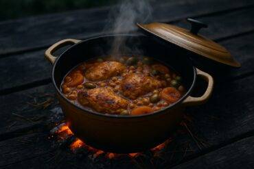 Chicken, vegetables, and spices simmering in a cast iron pot over a campfire for Moroccan tagine.
