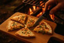 Golden quesadilla slices filled with melted cheese, pineapple chunks, and jalapeño, ready to serve.