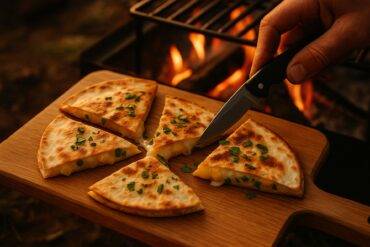 Golden quesadilla slices filled with melted cheese, pineapple chunks, and jalapeño, ready to serve.