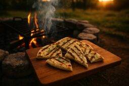 Golden flatbread topped with roasted garlic and herbs cooking over a campfire grill grate