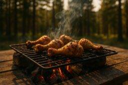 Grilled chicken drumsticks coated with rosemary and Dijon mustard cooking over a campfire grill.