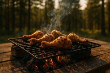 Grilled chicken drumsticks coated with rosemary and Dijon mustard cooking over a campfire grill.