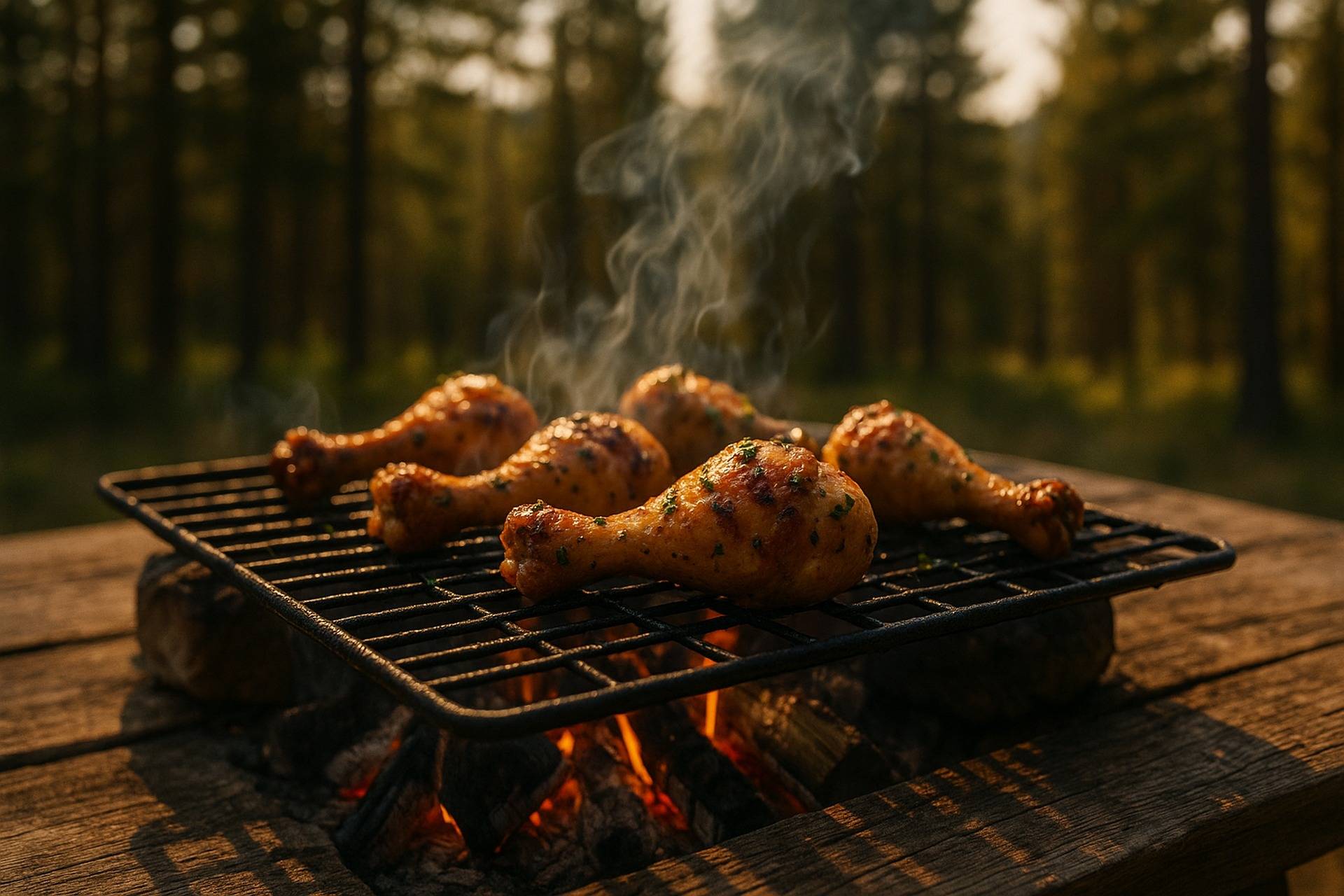 Grilled chicken drumsticks coated with rosemary and Dijon mustard cooking over a campfire grill.