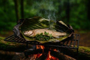 Whole trout seasoned with sesame and ginger, wrapped in banana leaves, cooking over a campfire.