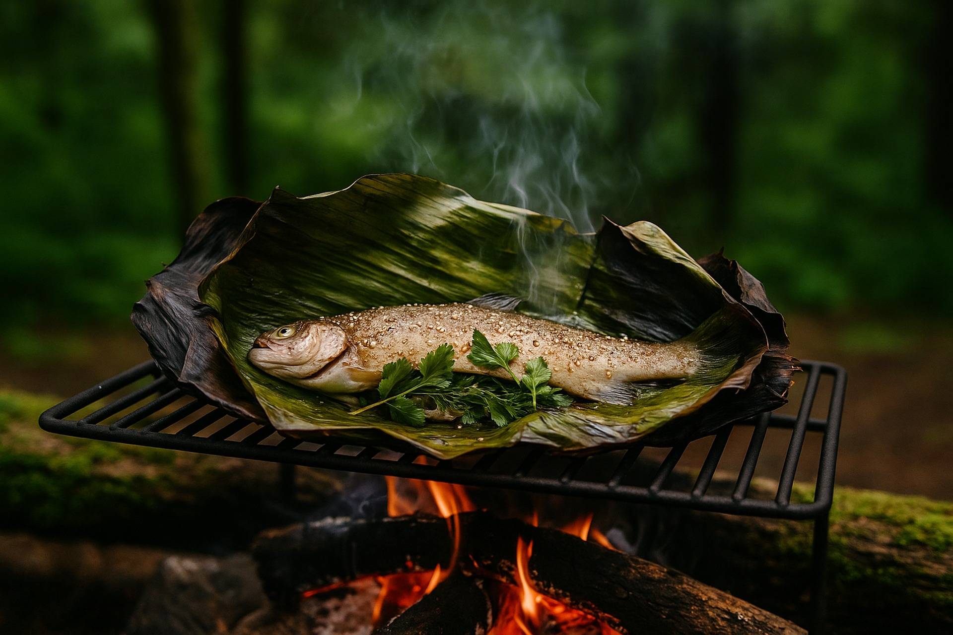 Whole trout seasoned with sesame and ginger, wrapped in banana leaves, cooking over a campfire.