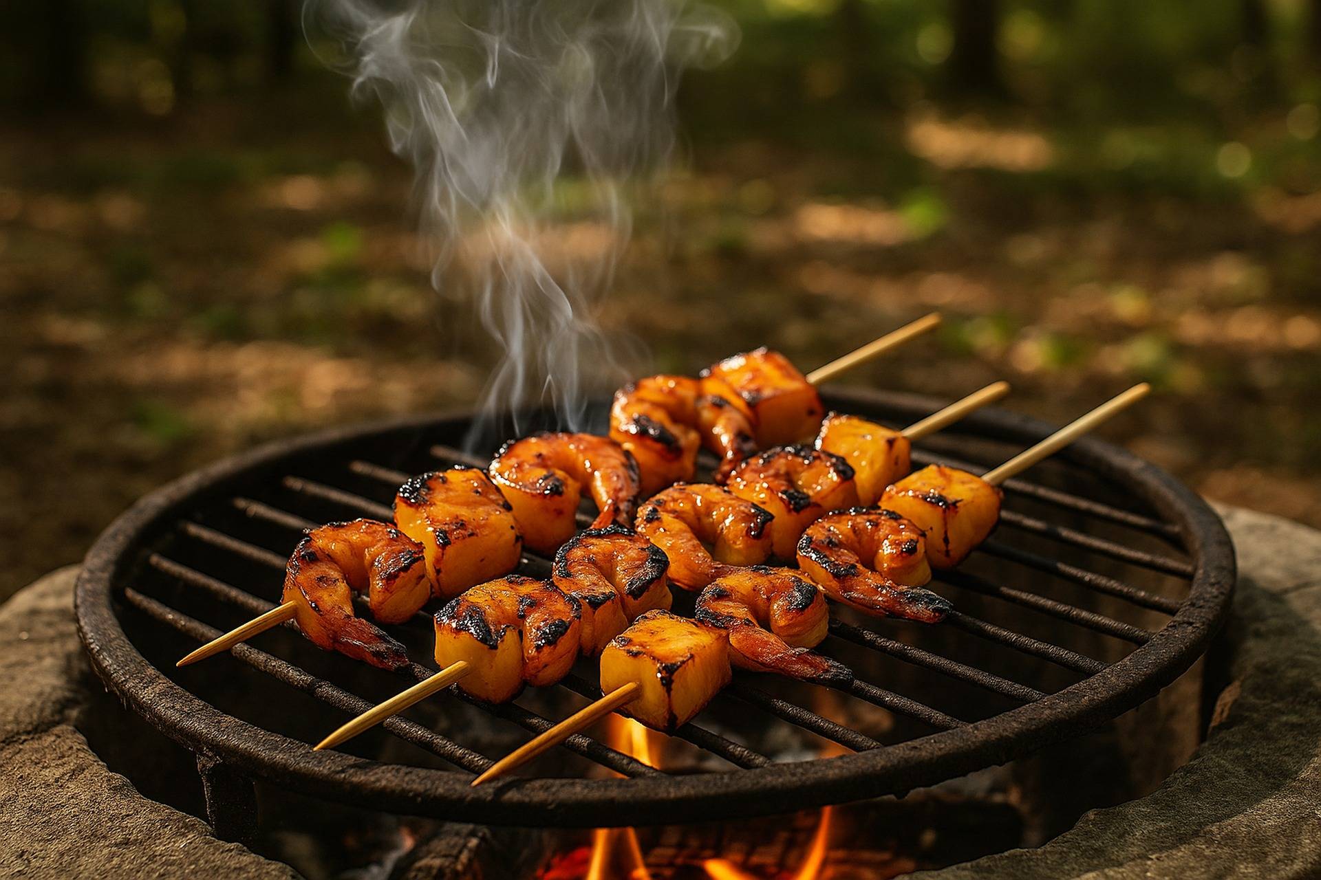 Shrimp and pineapple pieces threaded on skewers, ready to cook over a campfire grill.
