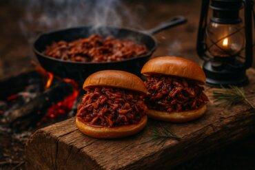 Smoky BBQ jackfruit piled on toasted buns with pickles and greens, ready to serve at a campfire meal.