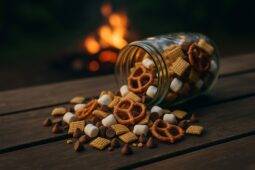 A bowl of Campfire S’mores Trail Mix with chocolate chunks, mini marshmallows, and graham cereal pieces.