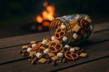 A bowl of Campfire S’mores Trail Mix with chocolate chunks, mini marshmallows, and graham cereal pieces.