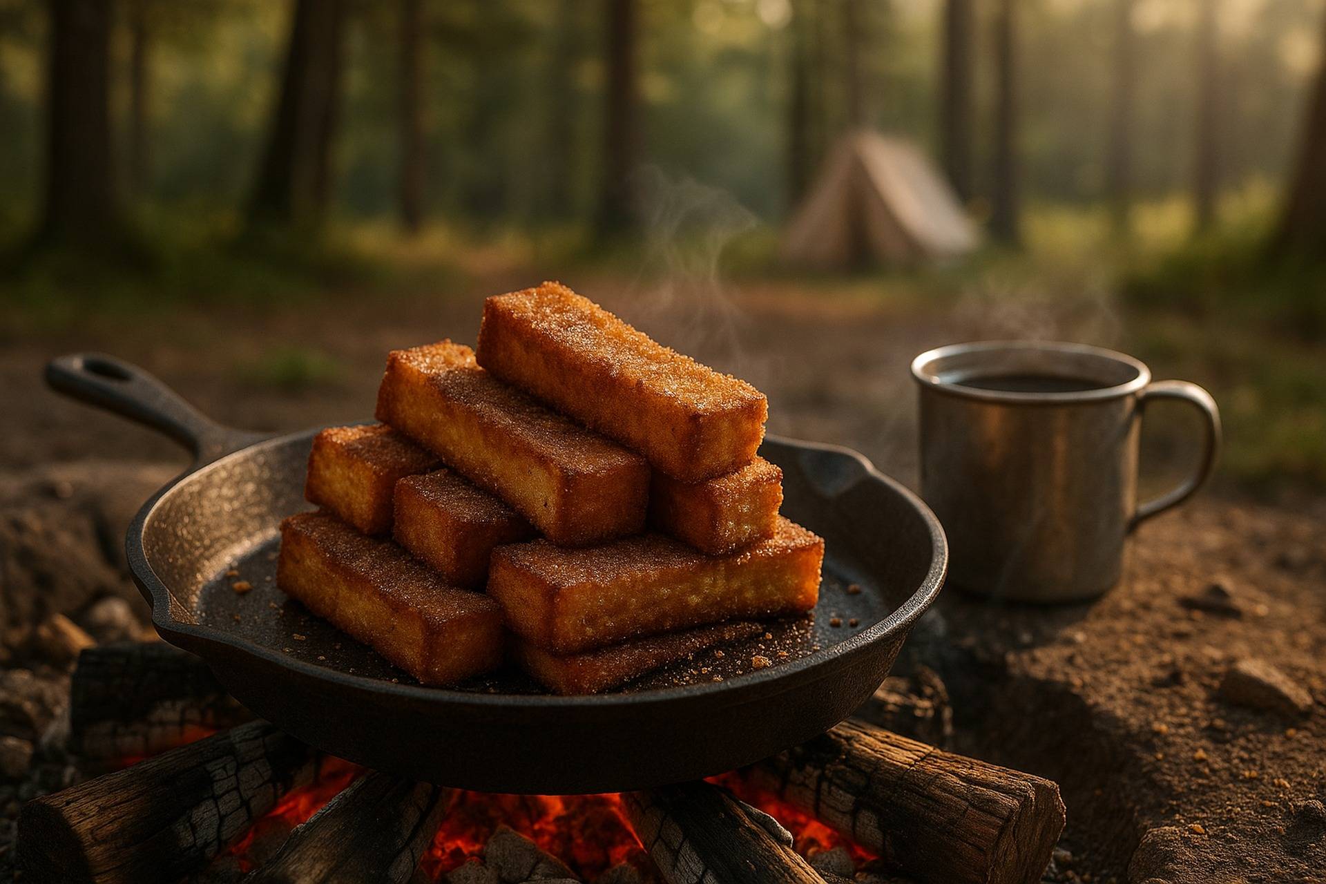 Golden-brown sourdough French toast sticks sprinkled with cinnamon sugar on a camping plate.