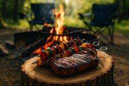 Grilled steak and colorful vegetable skewers cooking over campfire coals.