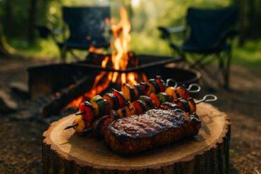 Grilled steak and colorful vegetable skewers cooking over campfire coals.