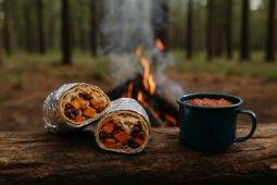 Sweet potato and black bean burritos wrapped in foil, cooking over a campfire grill.