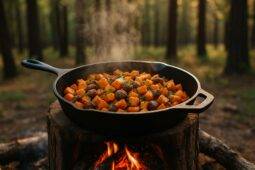 Skillet with diced sweet potatoes, browned sausage, and herbs cooking over a campfire.