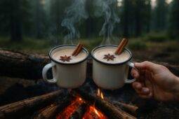 Steaming vanilla chai latte in a mug resting on rocks beside a campfire.