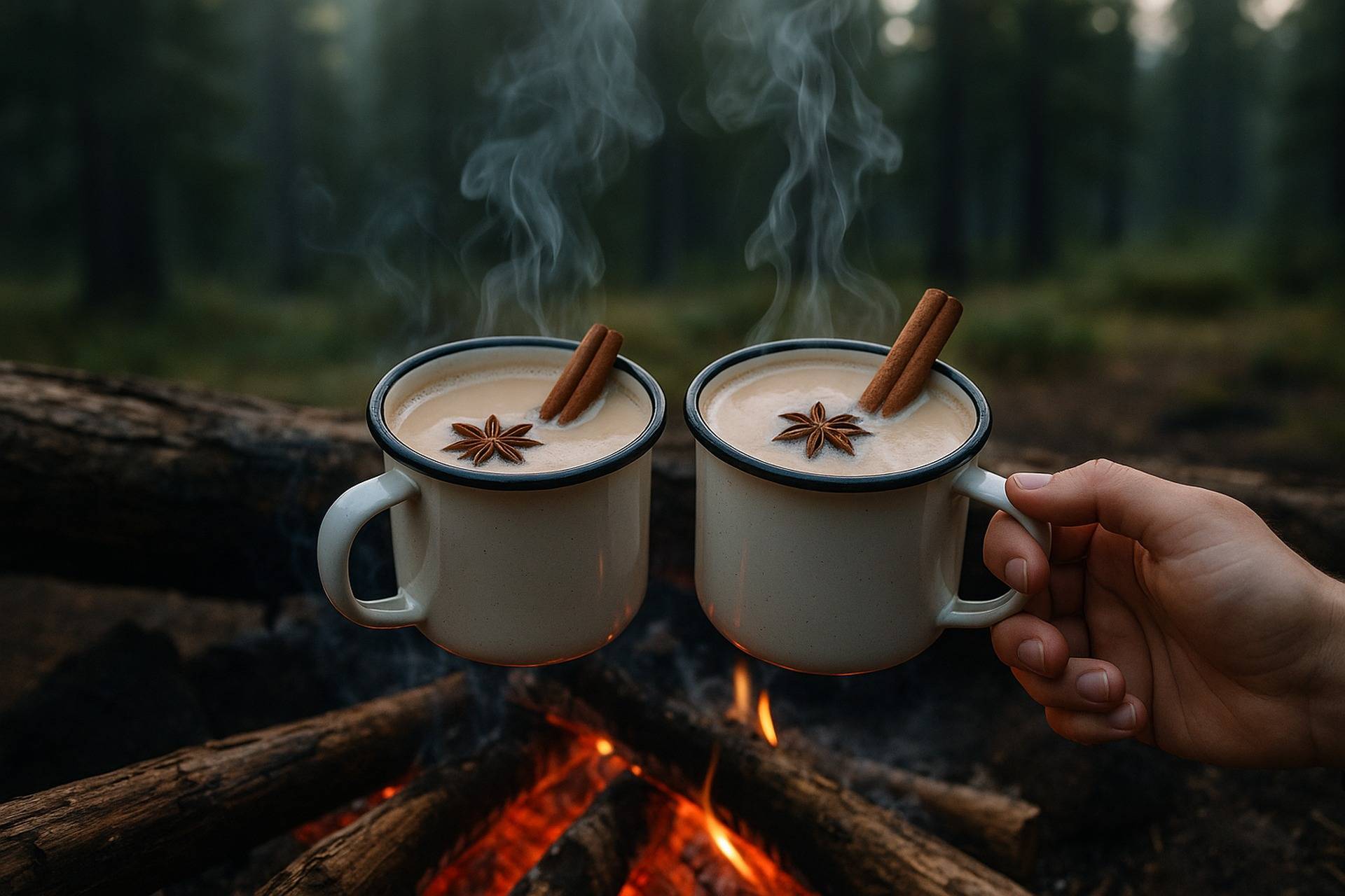 Steaming vanilla chai latte in a mug resting on rocks beside a campfire.