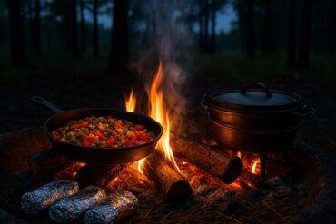 Skewers of meat and vegetables grilling over an open campfire with flames and glowing coals.