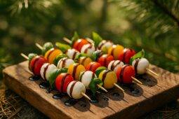 Fresh mozzarella, cherry tomatoes, and basil leaves threaded on skewers ready to grill over a campfire.