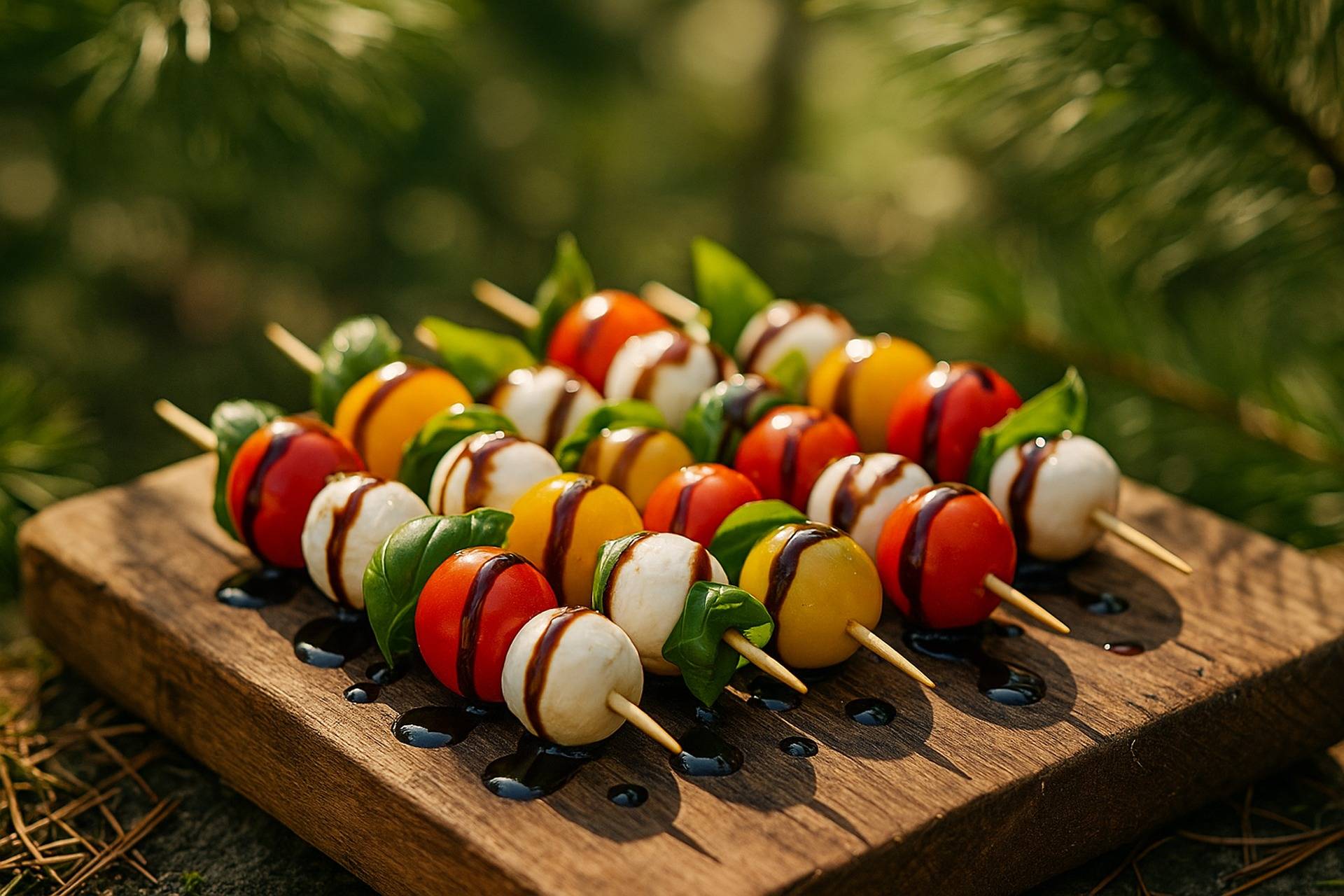 Fresh mozzarella, cherry tomatoes, and basil leaves threaded on skewers ready to grill over a campfire.