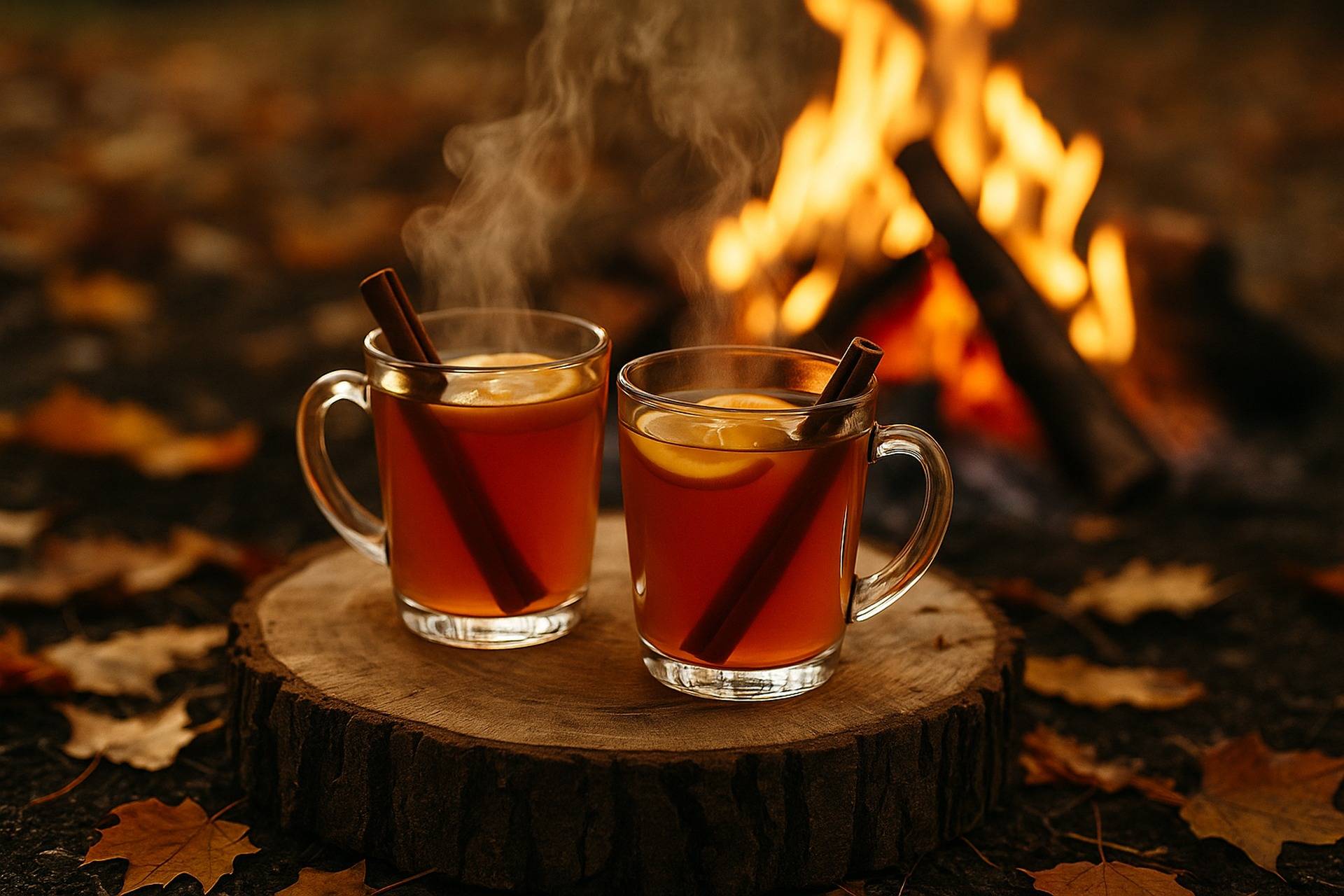 Mug of warm spiced apple mulled cider with cinnamon sticks ready for camping beverage.