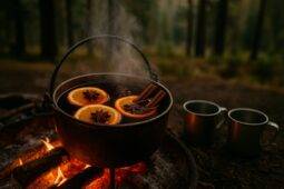 Rustic pot of orange mulled wine with spices simmering over a campfire.