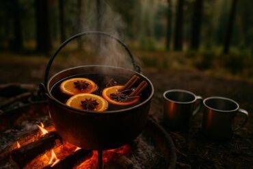 Rustic pot of orange mulled wine with spices simmering over a campfire.