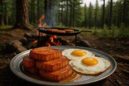 Peameal bacon and eggs cooking over a campfire in a cast iron skillet with bread slices.