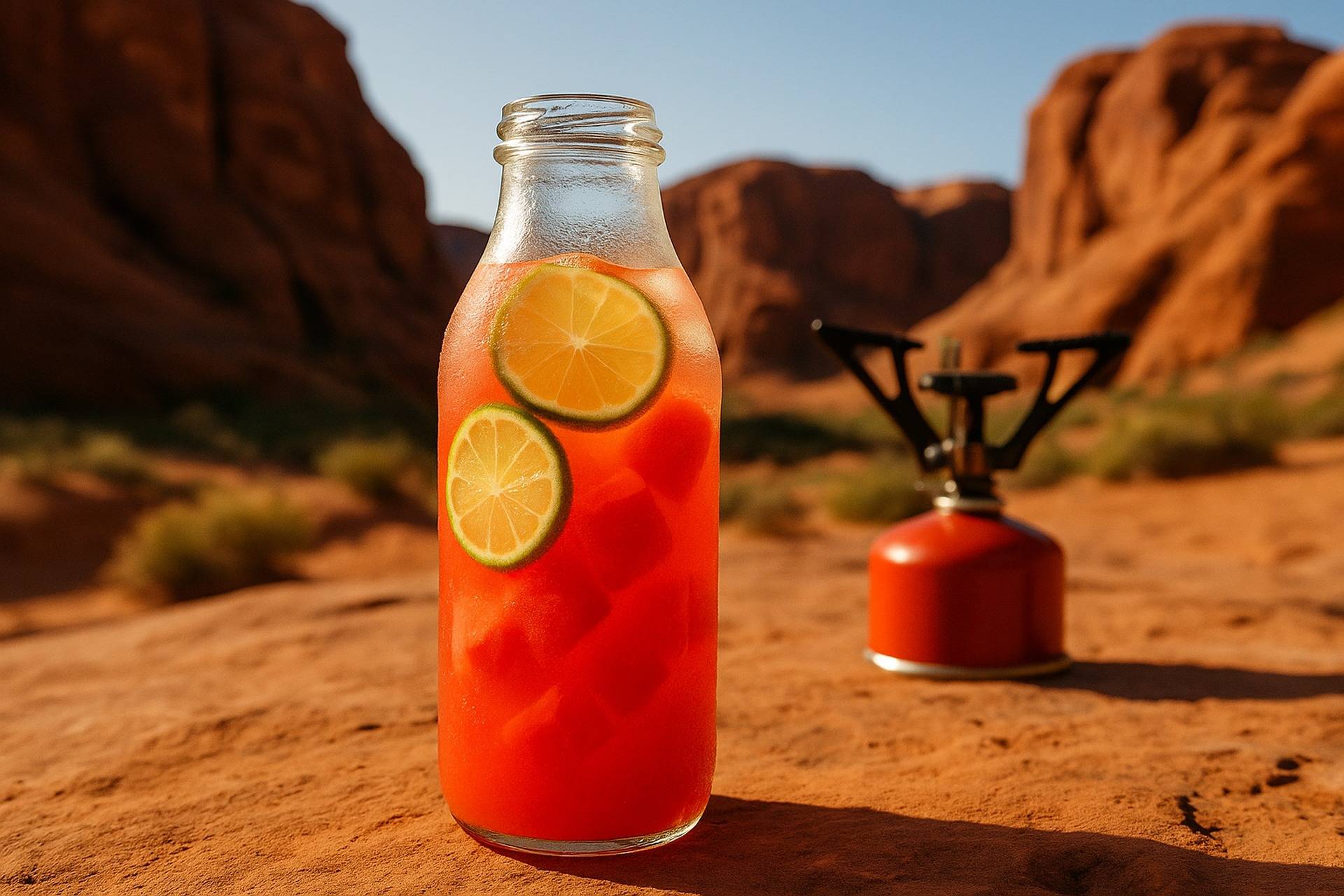 Clear jar filled with pink watermelon and lime drink with ice and a straw, set on an outdoor picnic table.